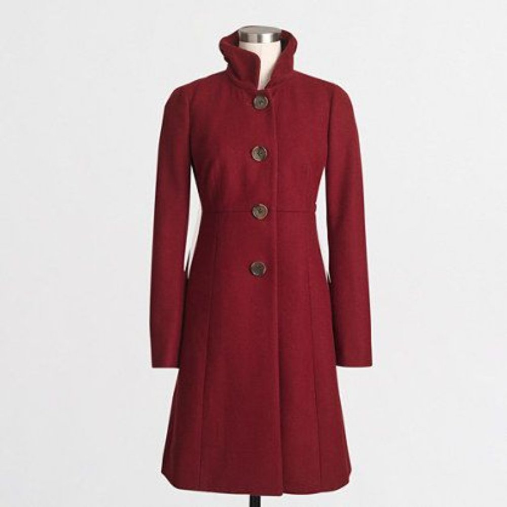 ✨J.Crew Factory Red Uptown Ruffle Neck Wool Top Coat Size 00 Single-Breasted✨